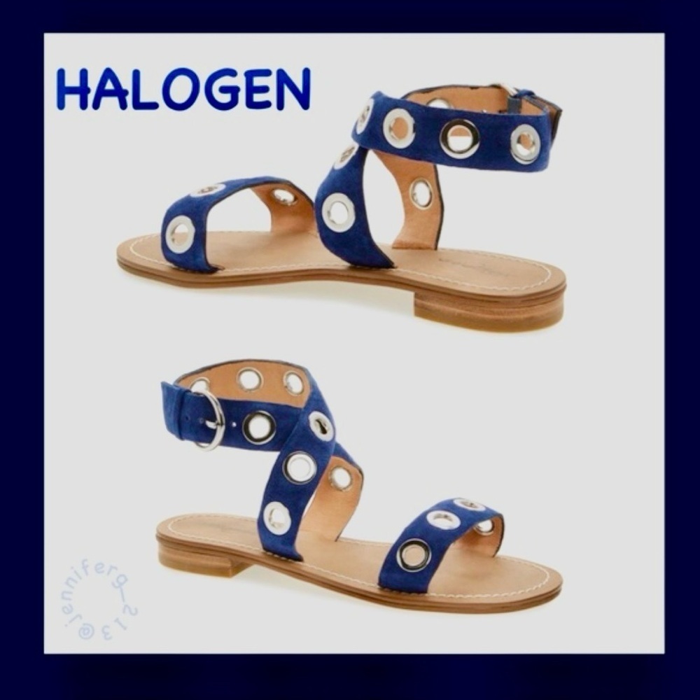 Halogen Blue Suede Ankle-Strap Sandals with Silver Grommets